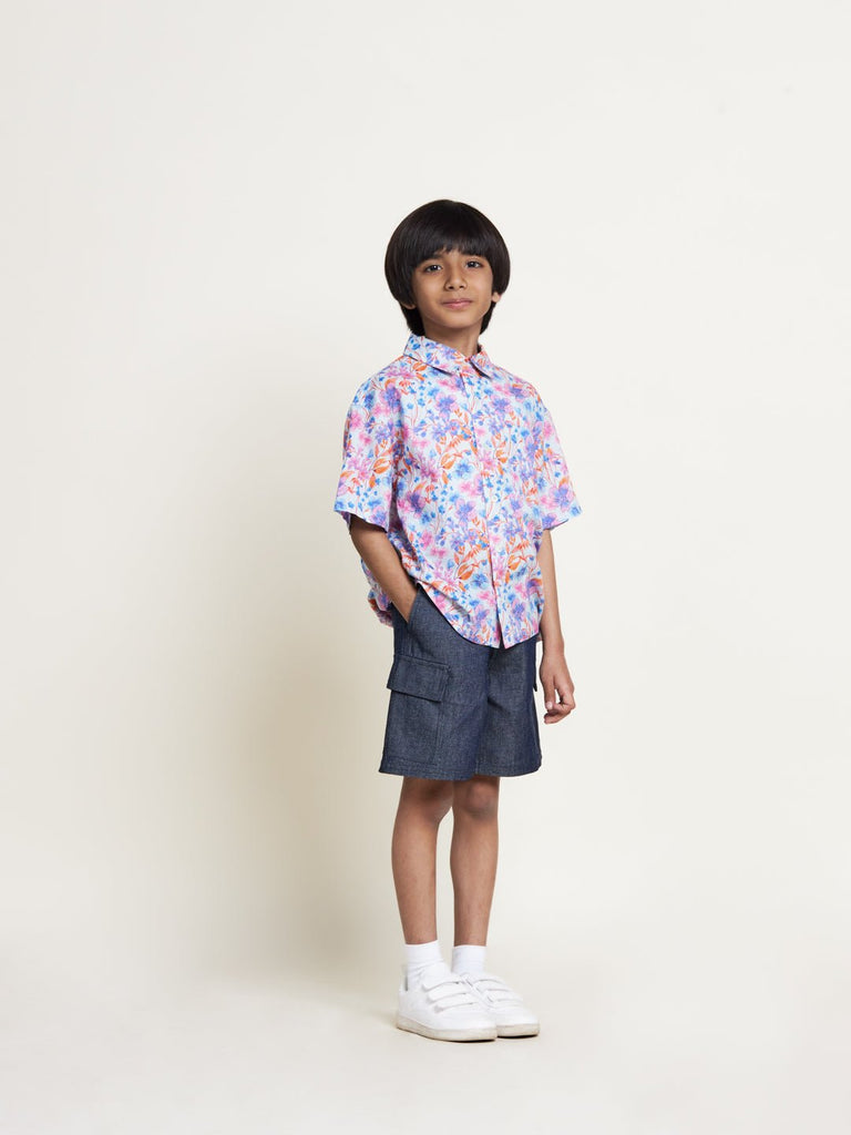 Hunter Cambric Print Cotton Boys Shirt - Blue flower Shirts The Tribe Kids   