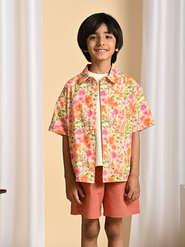 Hunter Cambric Print Cotton Boys Shirt - Orange flower Shirts The Tribe Kids   