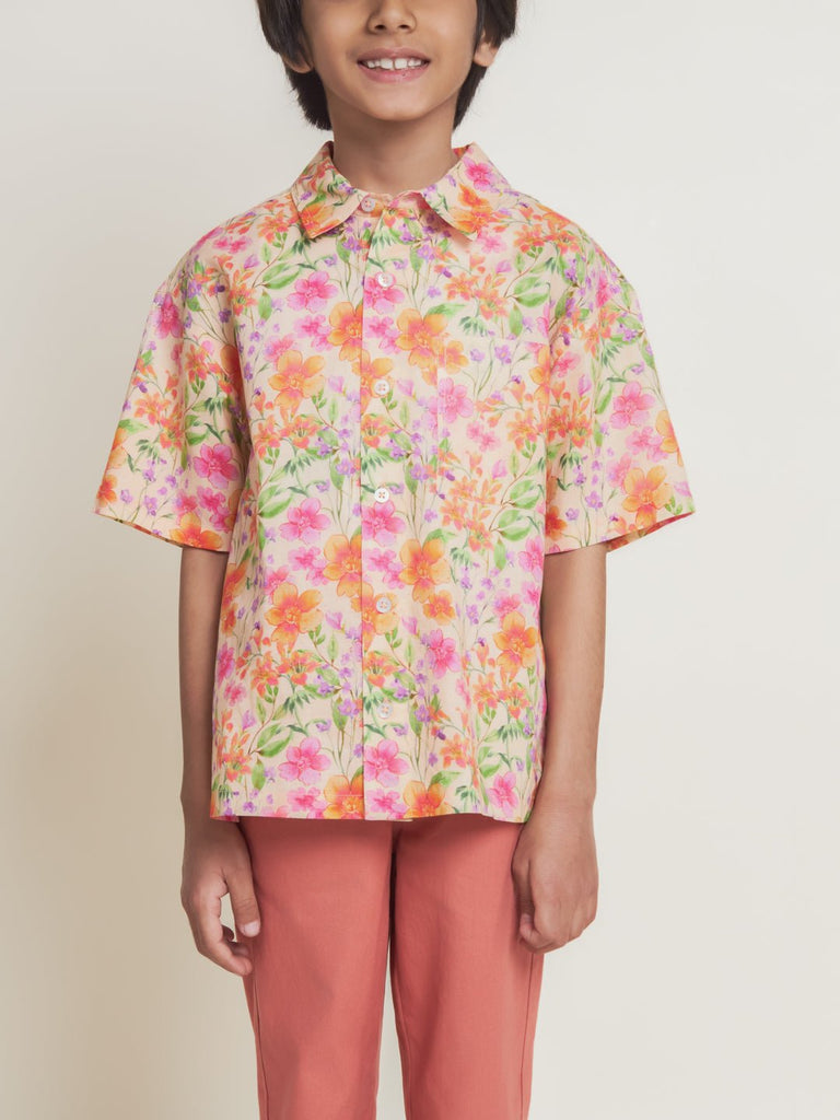 Hunter Cambric Print Cotton Boys Shirt - Orange flower Shirts The Tribe Kids   