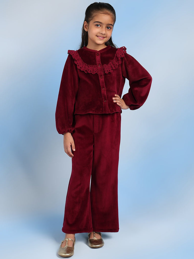 Isla Solid Corduroy Round Neck Girls Top - Maroon Dress The Tribe Kids   