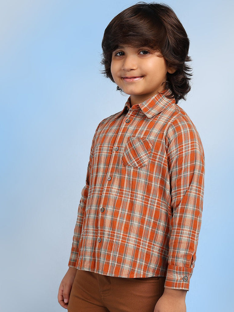 Jackson Boys Spread Collar Checked Cotton Casual Shirt - Orange Shirts The Tribe Kids   