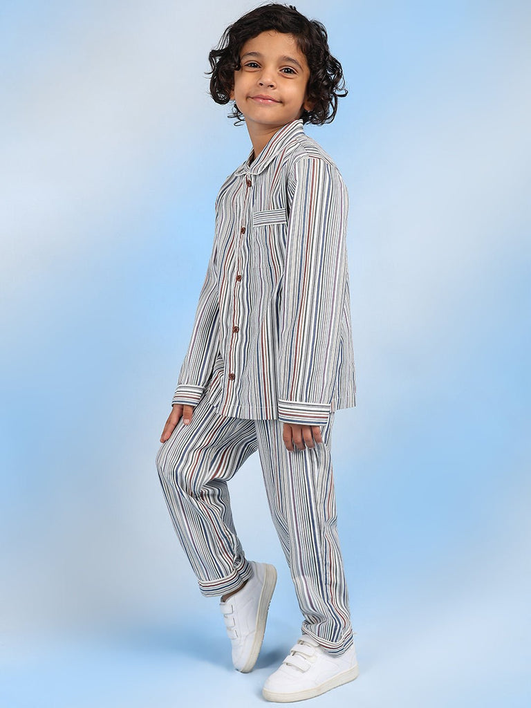 Jade Cotton Full Sleeves Striped Boys Nightsuit - Multicolor Nightsuit The Tribe Kids   