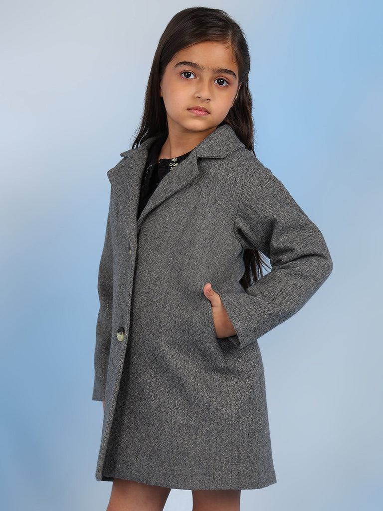 Jimy Solid Cotton Wool Girls Coat - Grey Coat The Tribe Kids   