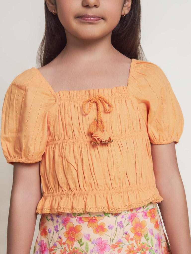 Kiara Puff Sleeves Cotton Girls Crop Top- Peach Top The Tribe Kids   