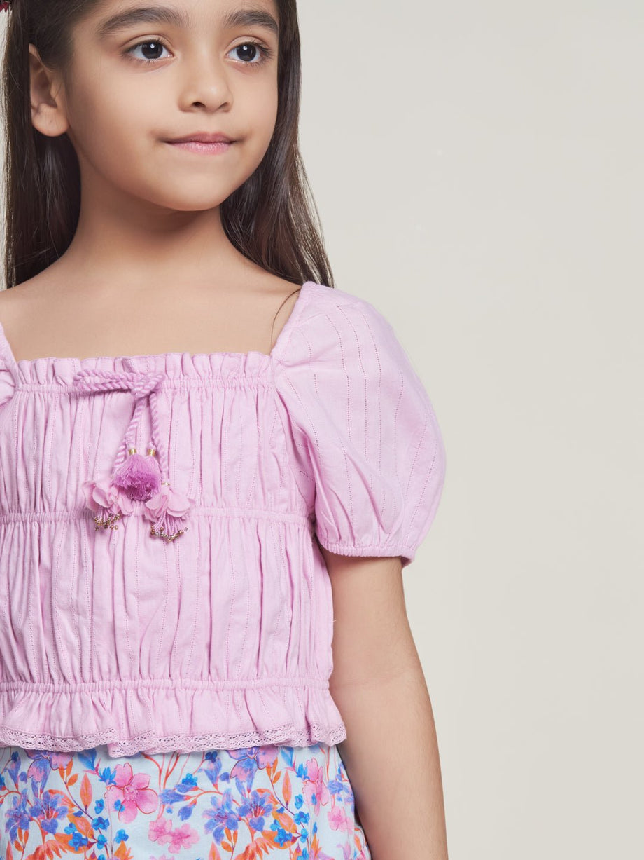 Buy Kiara Puff Sleeves Cotton Girls Crop Top- Pink Online The