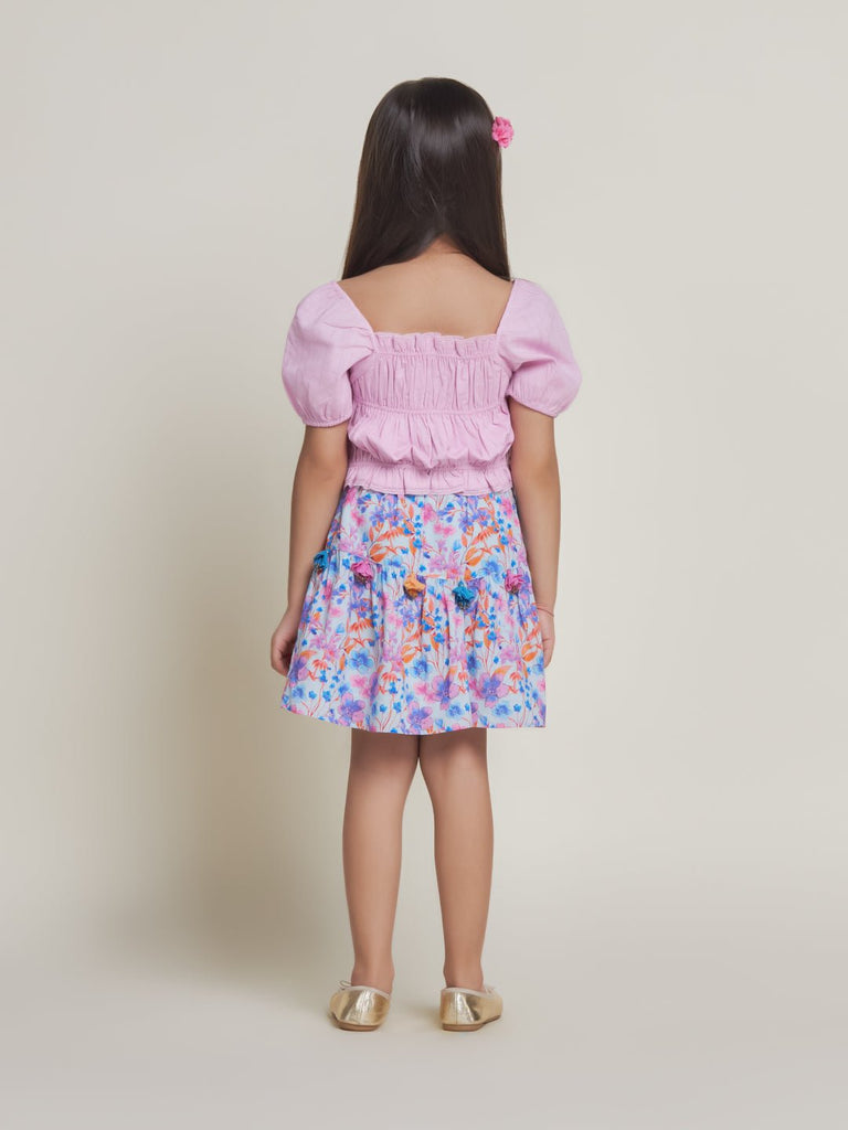 Kiara Puff Sleeves Cotton Girls Crop Top- Pink Top The Tribe Kids   