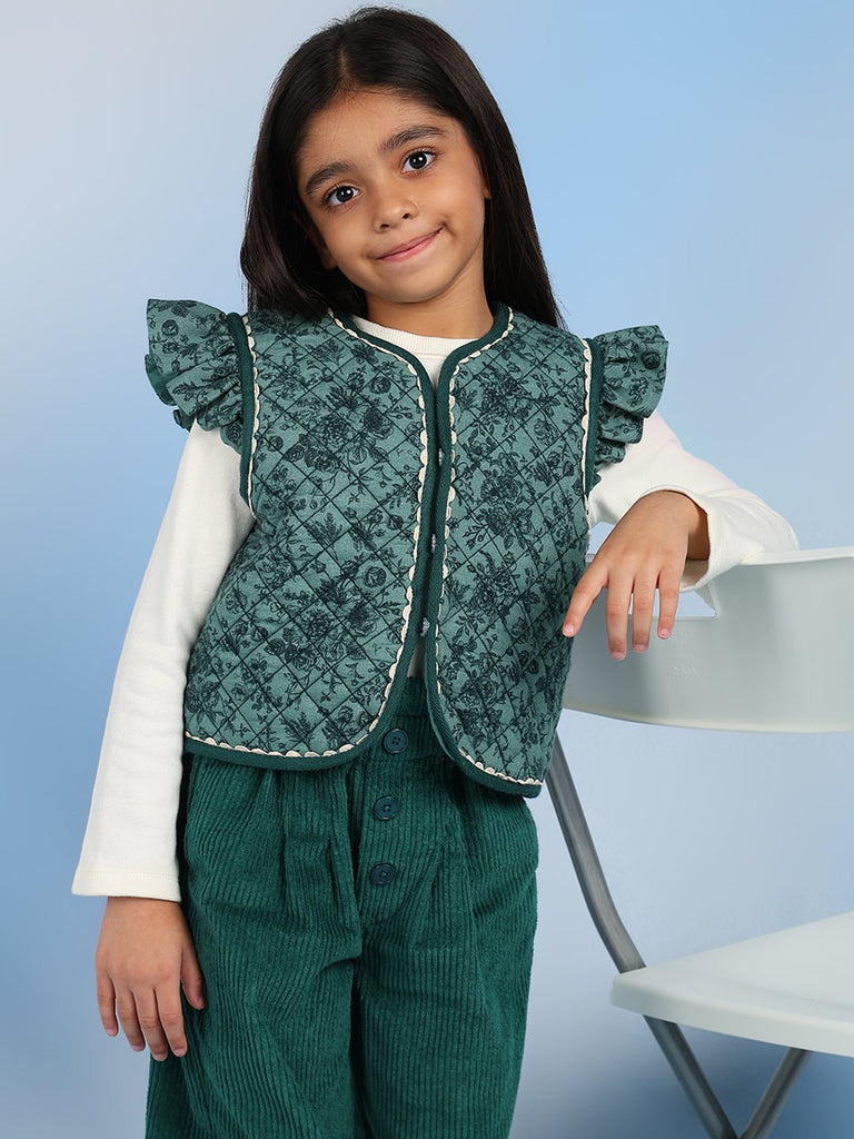 Laila Girls Sleeveless Casual Cotton Vest - Green Melange Vest The Tribe Kids   