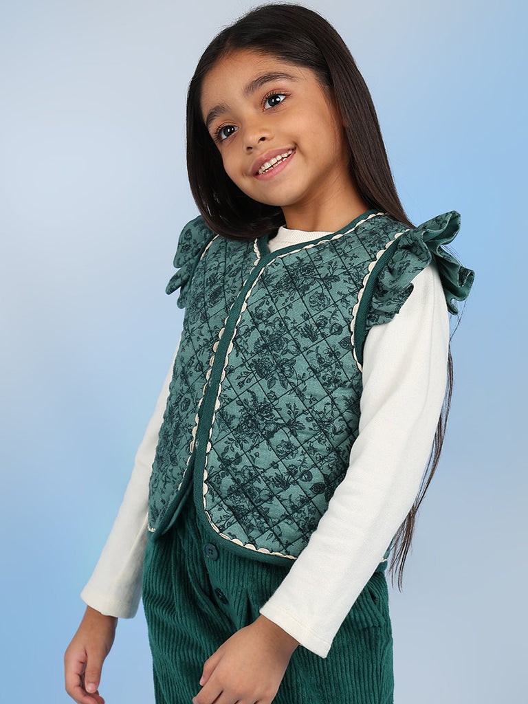 Laila Girls Sleeveless Casual Cotton Vest - Green Melange Vest The Tribe Kids   