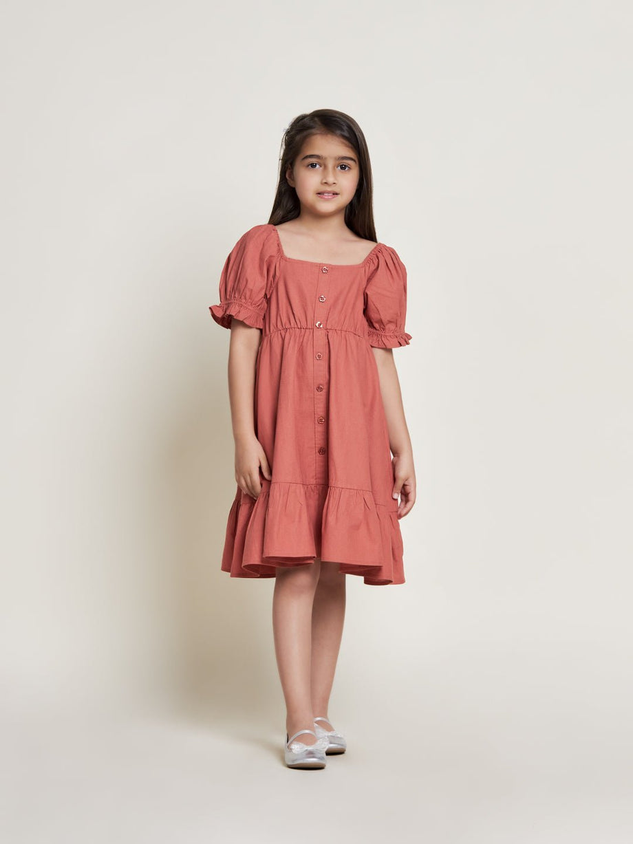 Buy Mary Solid Cotton Sheeting Girls Dress - Brick Online