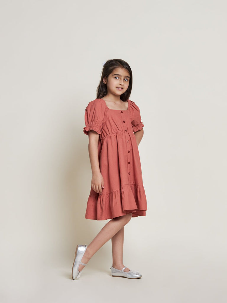 Mary Solid Cotton Sheeting Girls Dress - Brick Dress The Tribe Kids   