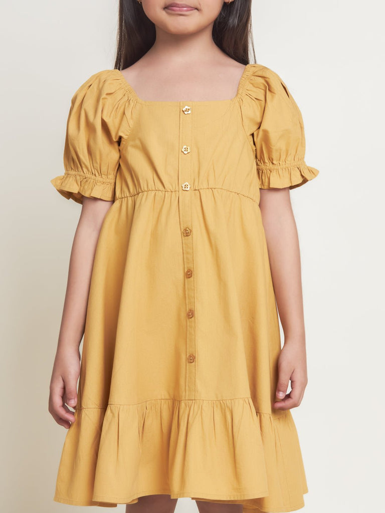Mary Solid Cotton Sheeting Girls Dress - Mustard Dress The Tribe Kids   