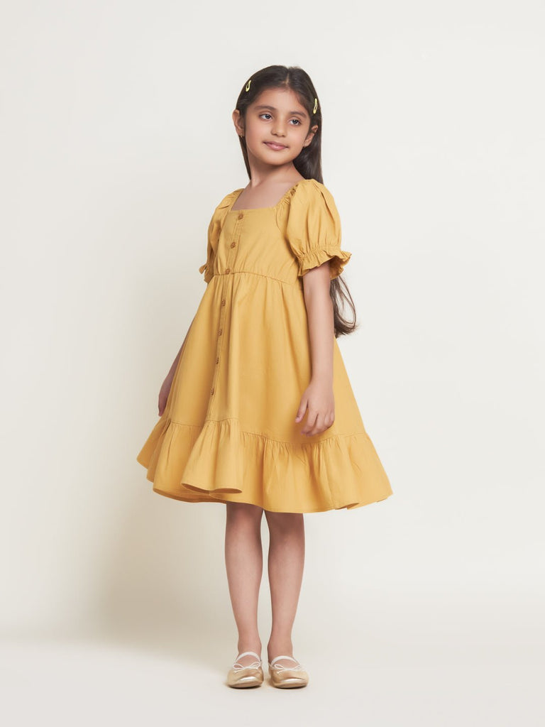 Mary Solid Cotton Sheeting Girls Dress - Mustard Dress The Tribe Kids   