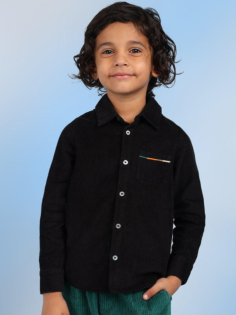 Michael Boys Spread Collar Solid Corduroy Casual Shirt  - Black Shirts The Tribe Kids   