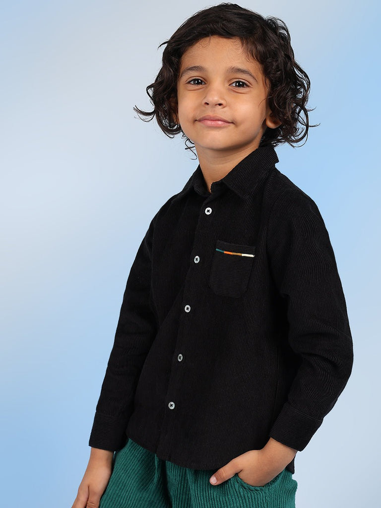 Michael Boys Spread Collar Solid Corduroy Casual Shirt  - Black Shirts The Tribe Kids   