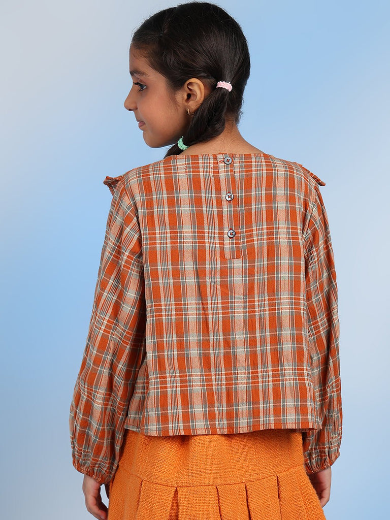 Michelle Cotton Checks Regular Fit Girls Top - Orange Top The Tribe Kids   