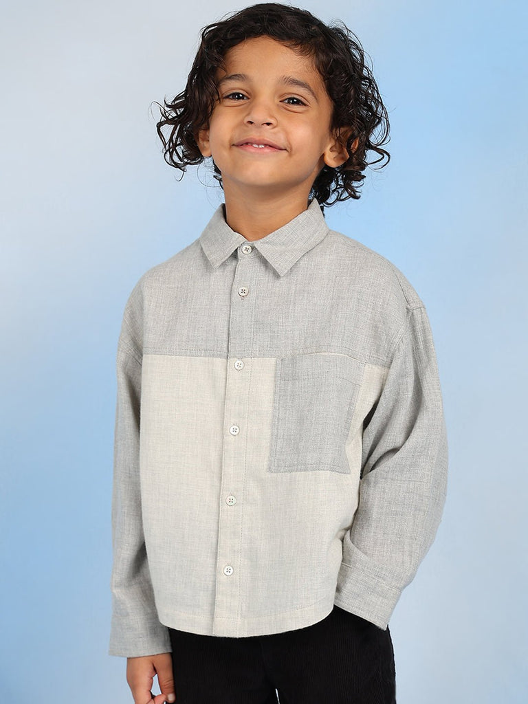 Moon Boys Spread Collar Colourblocked Cotton Casual Shirt - Grey Shirts The Tribe Kids   