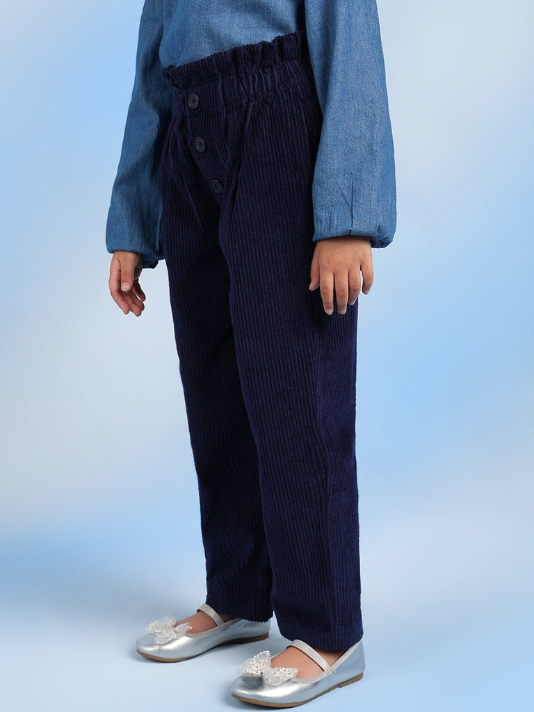 Nadia Girls Cotton Solid High Rise Full Length Casual Pants - Blue Pant The Tribe Kids   