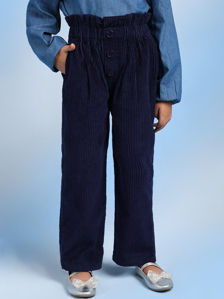 Nadia Girls Cotton Solid High Rise Full Length Casual Pants - Blue Pant The Tribe Kids   