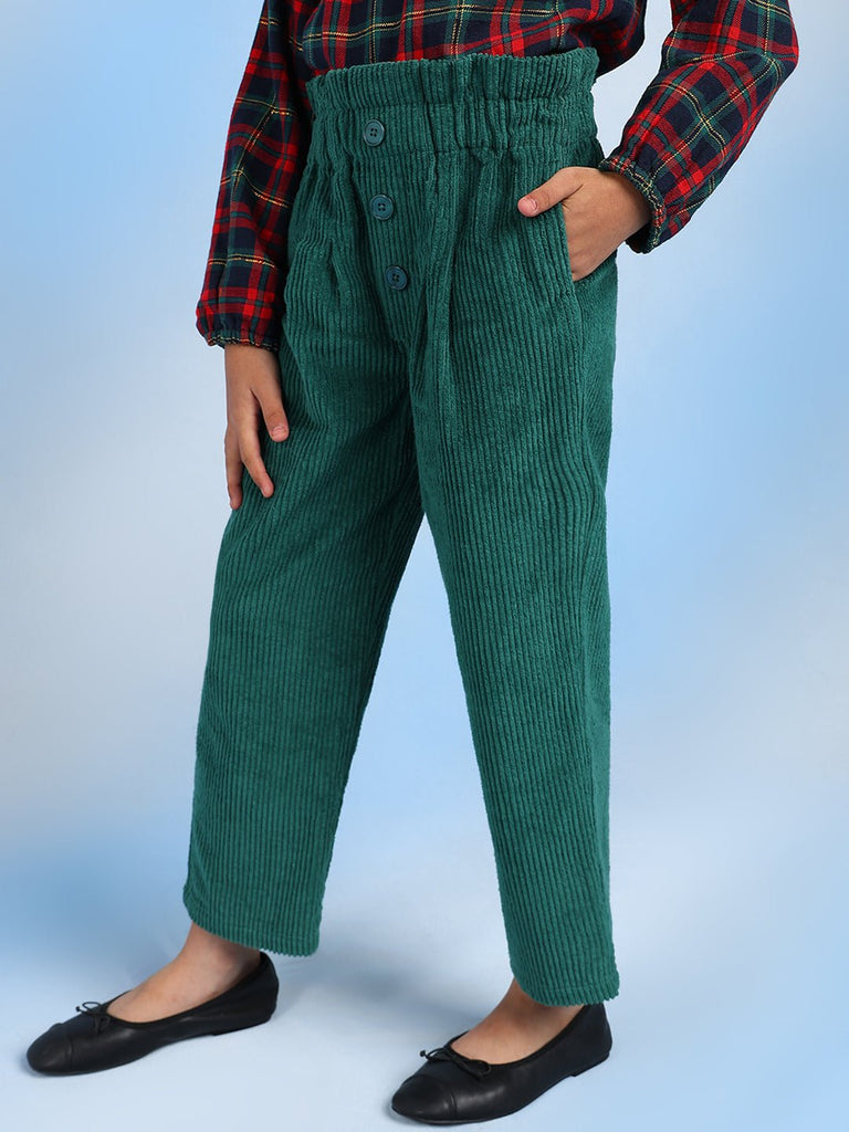 Nadia Girls Relaxed High-Rise Corduroy Pants - Green Pant The Tribe Kids   