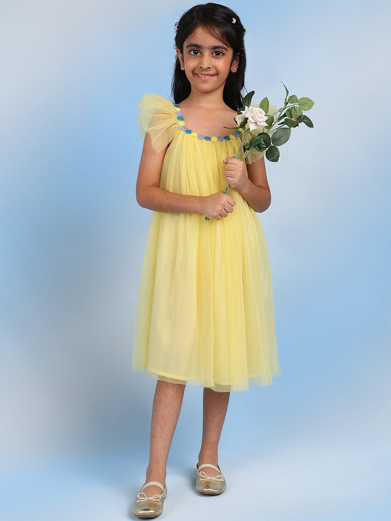 Neha Net Embroidered Floral Motifs Girls Dress - Yellow Dress The Tribe Kids   