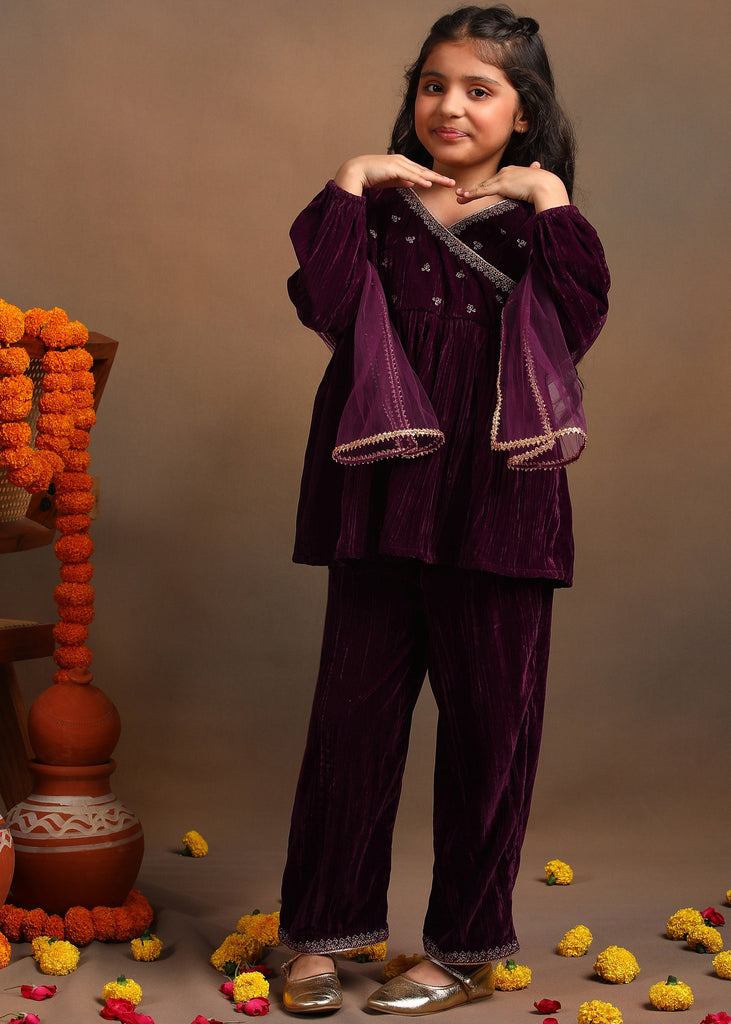 Nia Girls Embroidered Velvet Kurta and Sharara Set - Maroon Set The Tribe Kids
