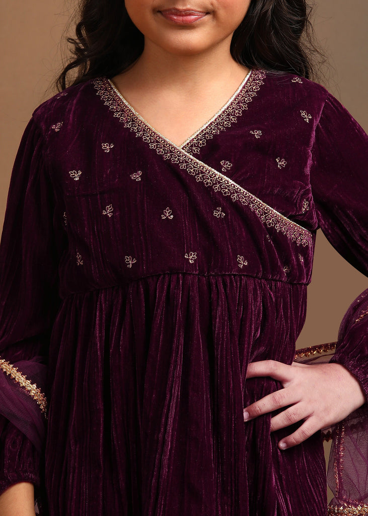 Nia Girls Embroidered Velvet Kurta and Sharara Set - Maroon Set The Tribe Kids