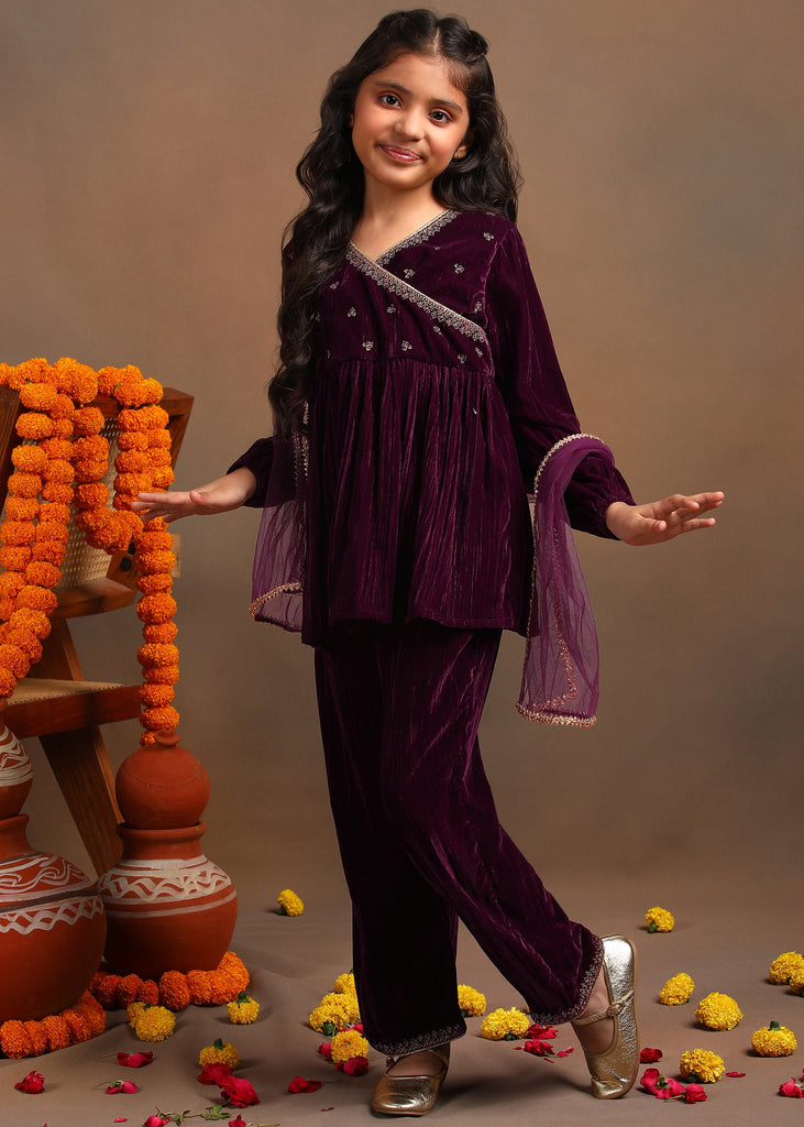 Nia Girls Embroidered Velvet Kurta and Sharara Set - Maroon Set The Tribe Kids