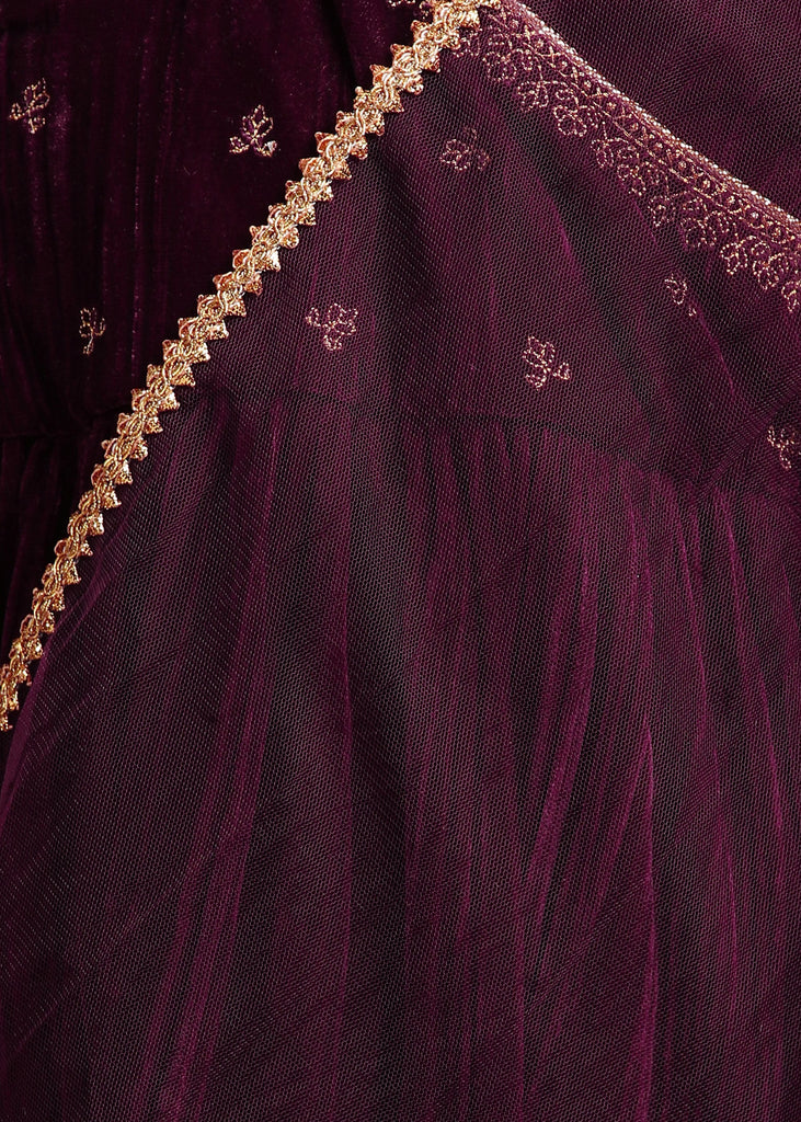 Nia Girls Embroidered Velvet Kurta and Sharara Set - Maroon Set The Tribe Kids