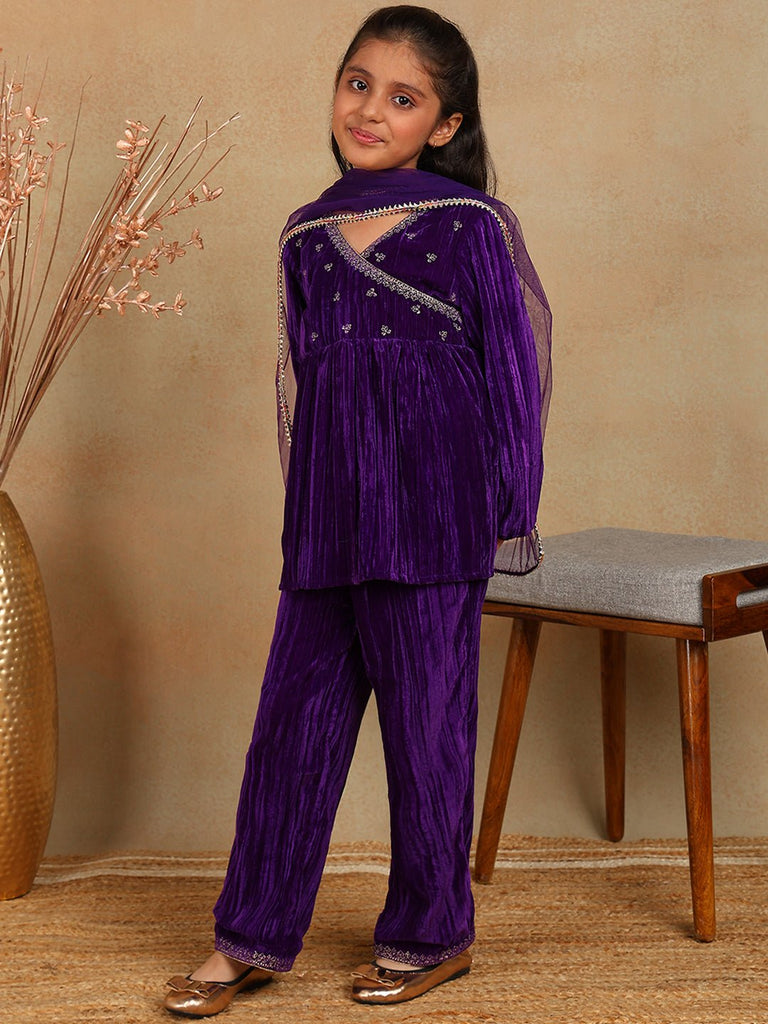 Nia Girls Embroidered Velvet Kurta and Sharara Set - Purple Set The Tribe Kids   