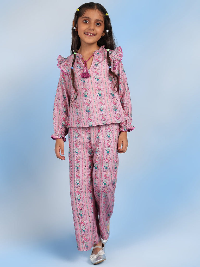 Nina Cotton Printed Relaxed Fit Girls Pyjama - Pink Pyjamas The Tribe Kids   