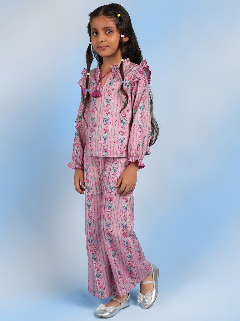 Nina Cotton Printed Relaxed Fit Girls Pyjama - Pink Pyjamas The Tribe Kids   