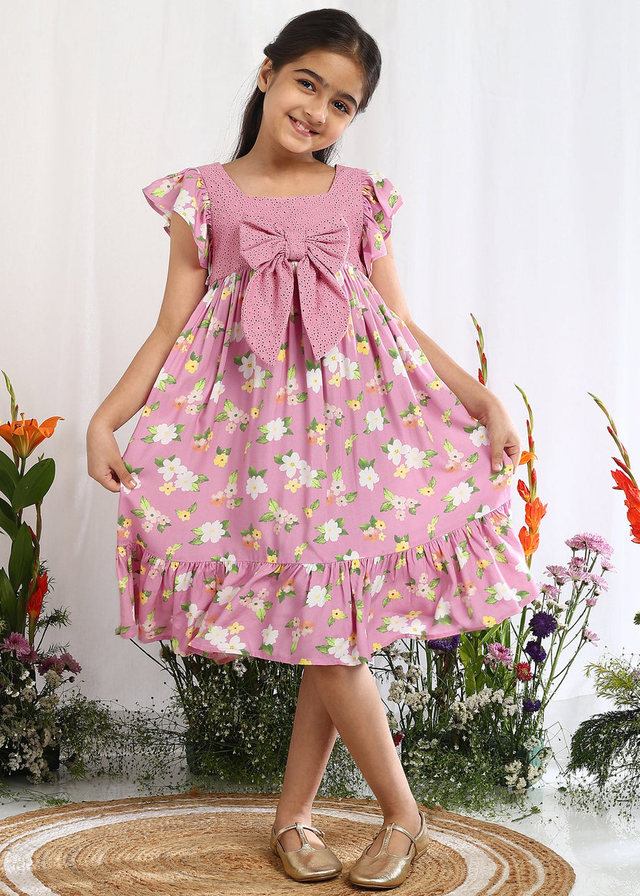 Buy Oakshana Pink Floral Print Cotton Dress With Bow Online