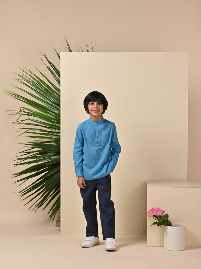 Pablo Mandarin Collar Cotton Boys Shirt - Blue Shirts The Tribe Kids   