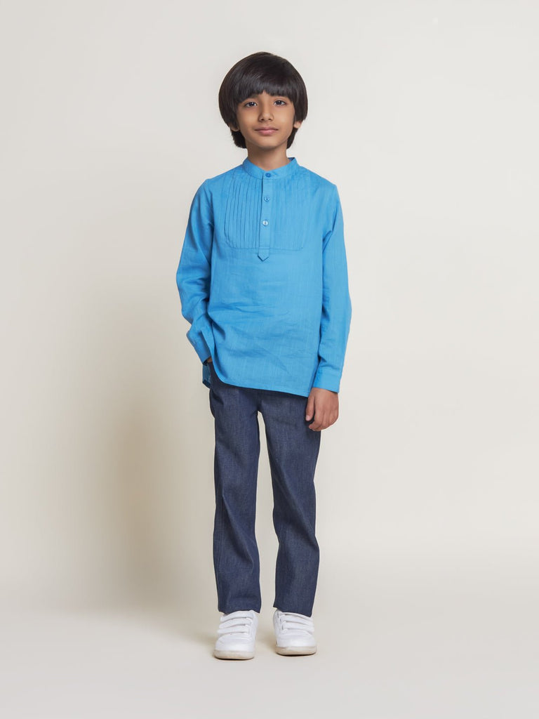 Pablo Mandarin Collar Cotton Boys Shirt - Blue Shirts The Tribe Kids   
