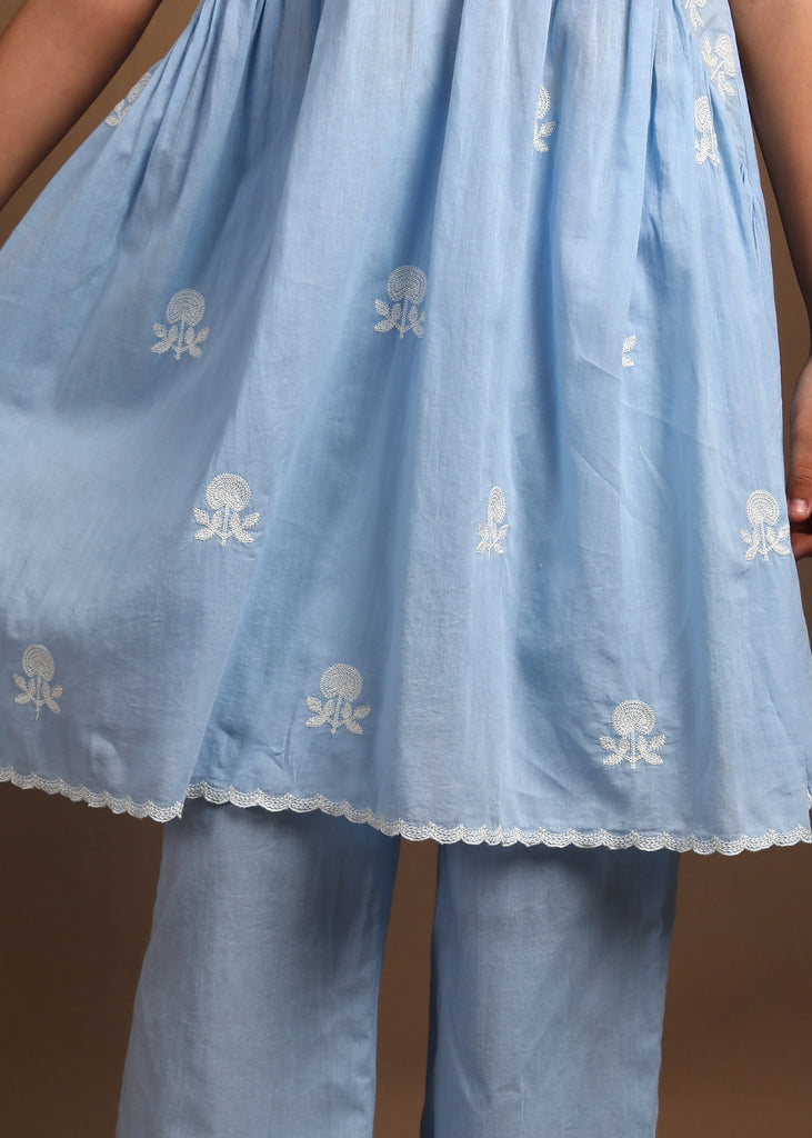 Pansy Blue Embroidered Kurta With Pant Ethnic Set Set The Tribe Kids