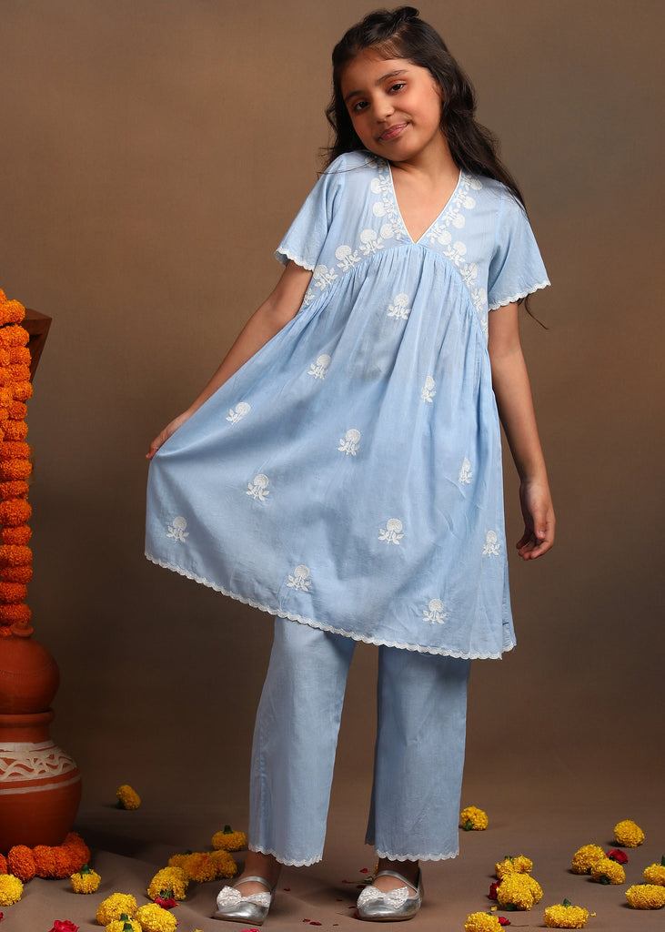 Pansy Blue Embroidered Kurta With Pant Ethnic Set Set The Tribe Kids