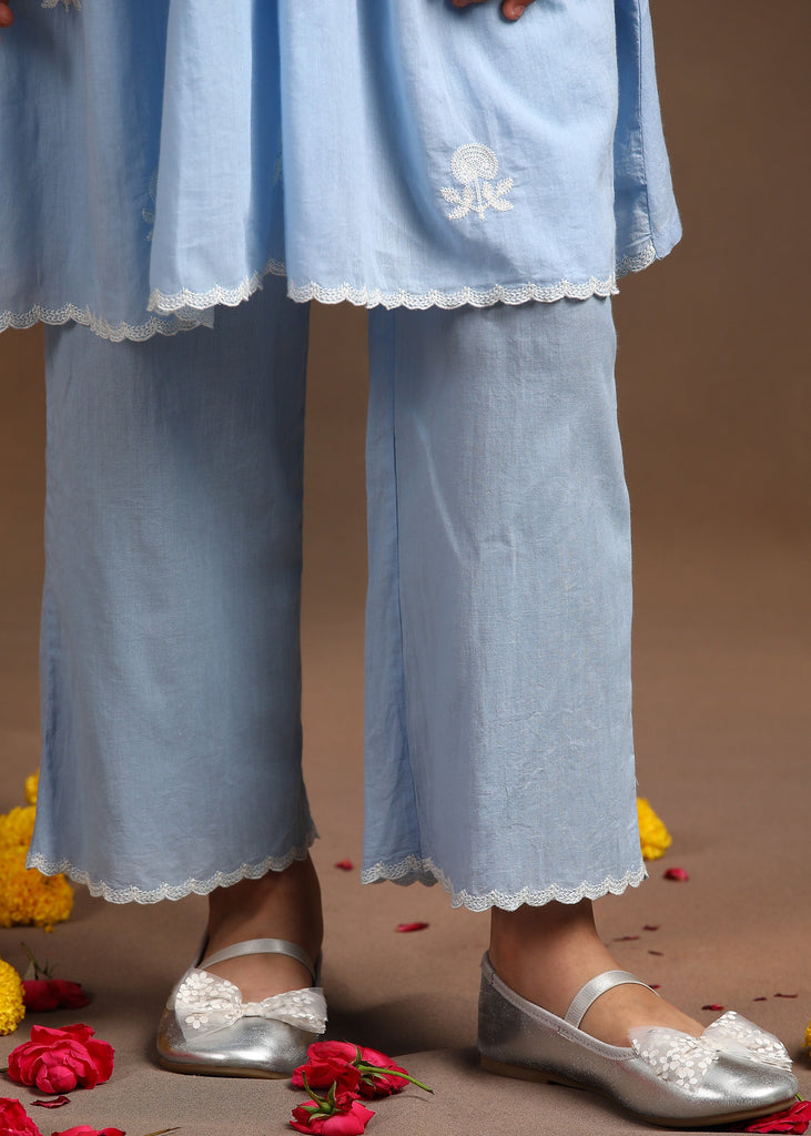 Pansy Blue Embroidered Kurta With Pant Ethnic Set Set The Tribe Kids