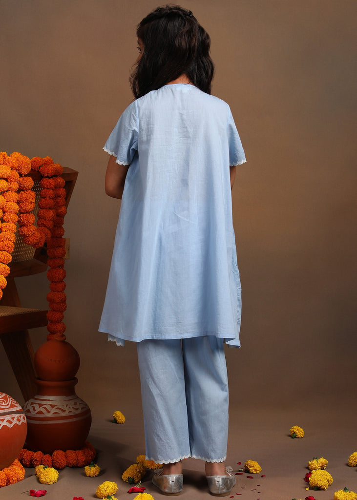 Pansy Blue Embroidered Kurta With Pant Ethnic Set Set The Tribe Kids