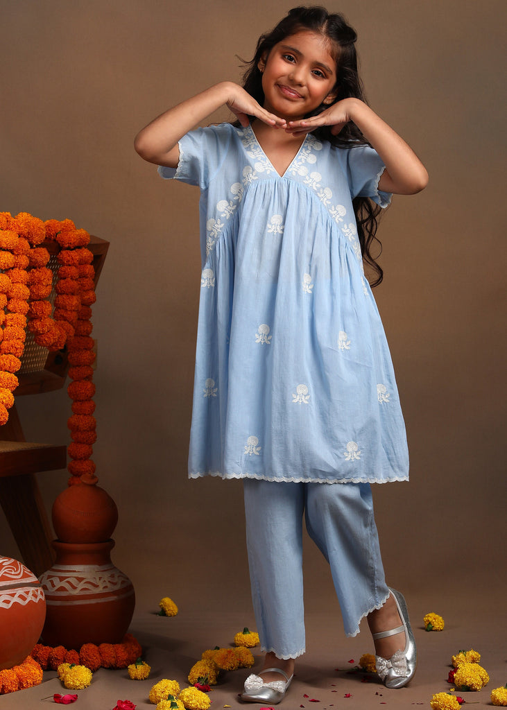 Pansy Blue Embroidered Kurta With Pant Ethnic Set Set The Tribe Kids