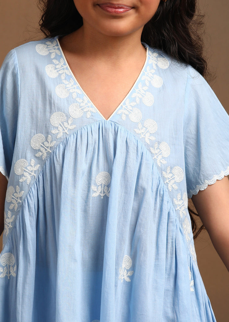 Pansy Blue Embroidered Kurta With Pant Ethnic Set Set The Tribe Kids