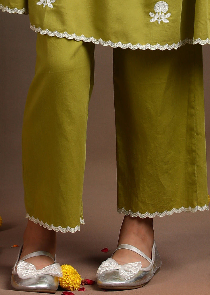 Pansy Green Embroidered Kurta With Pant Ethnic Set Set The Tribe Kids
