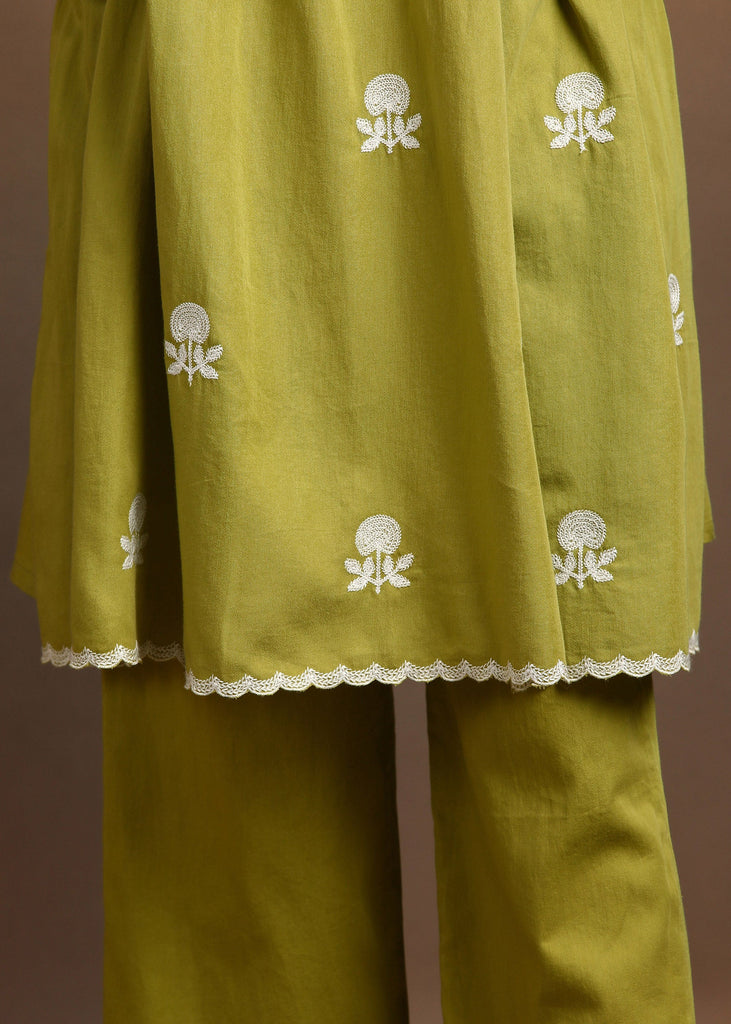 Pansy Green Embroidered Kurta With Pant Ethnic Set Set The Tribe Kids