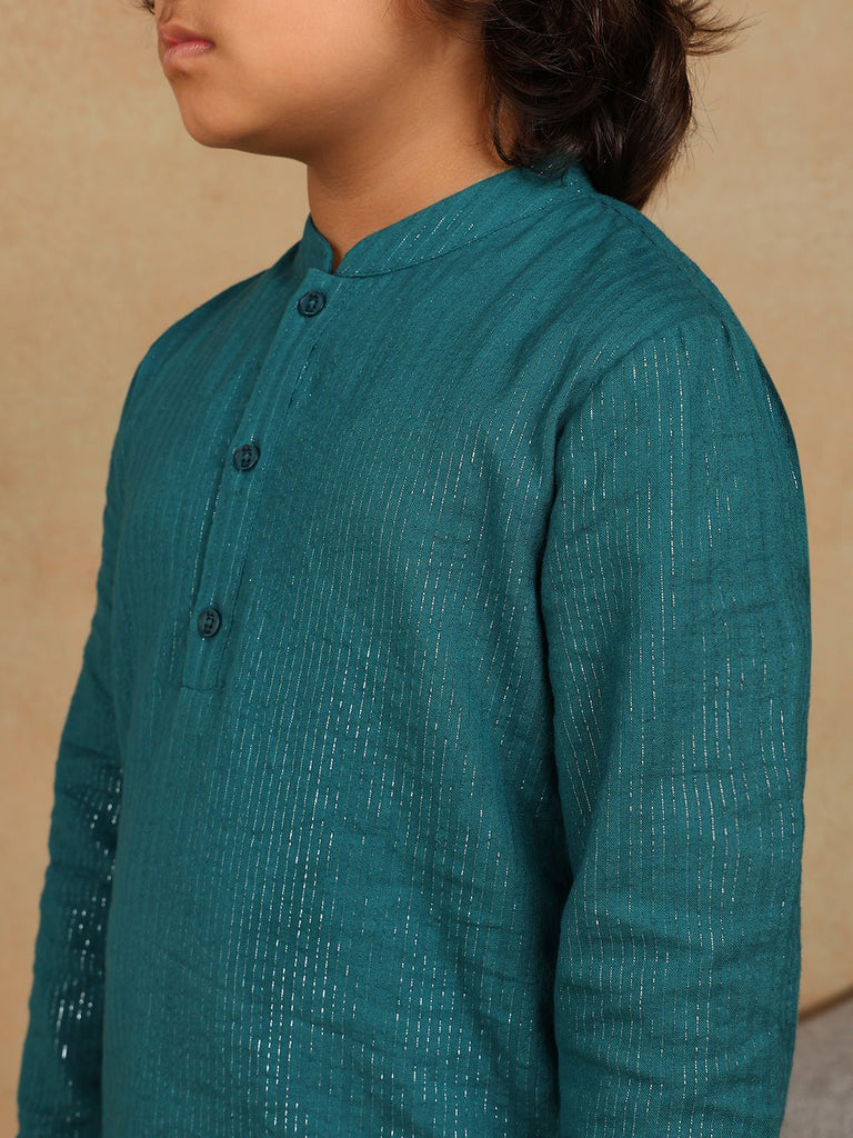 Paul Cotton Lurex Mandarian Collar Festive Wear Boys Kurta - Green Kurta The Tribe Kids   