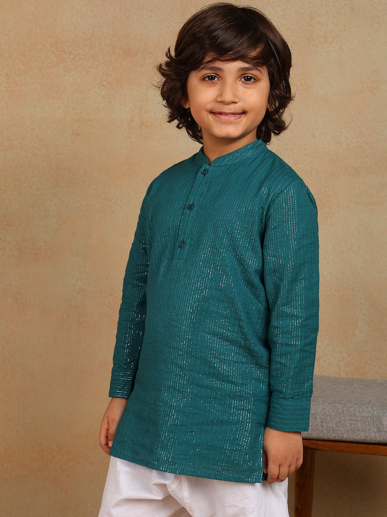 Paul Cotton Lurex Mandarian Collar Festive Wear Boys Kurta - Green Kurta The Tribe Kids   