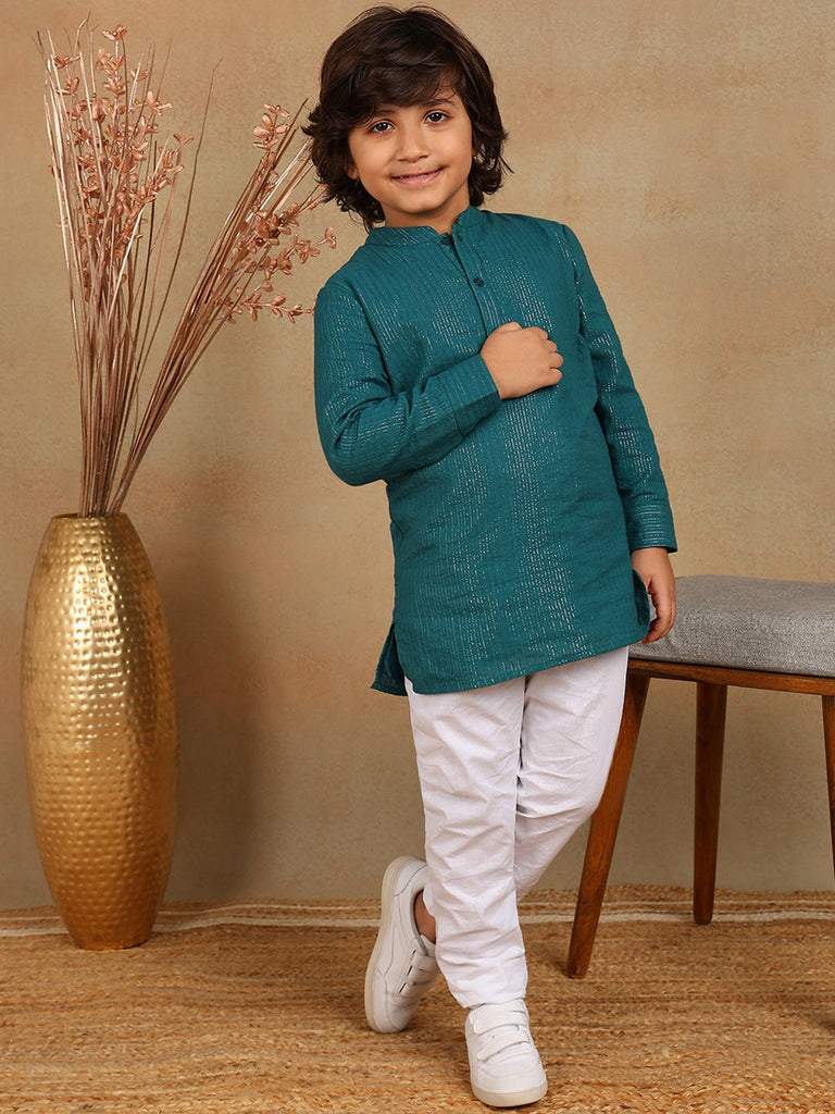 Paul Cotton Lurex Mandarian Collar Festive Wear Boys Kurta - Green Kurta The Tribe Kids   