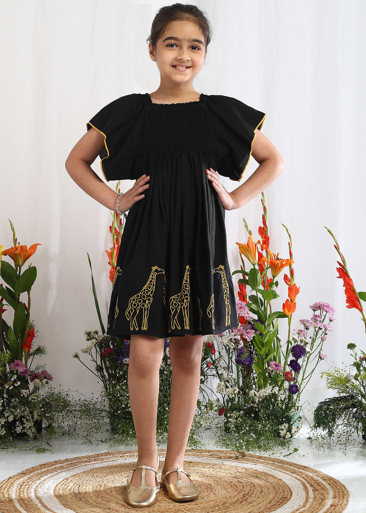 Princess Giraffe Embroidered Black Fit & Flare Linen Dress Dress The Tribe Kids