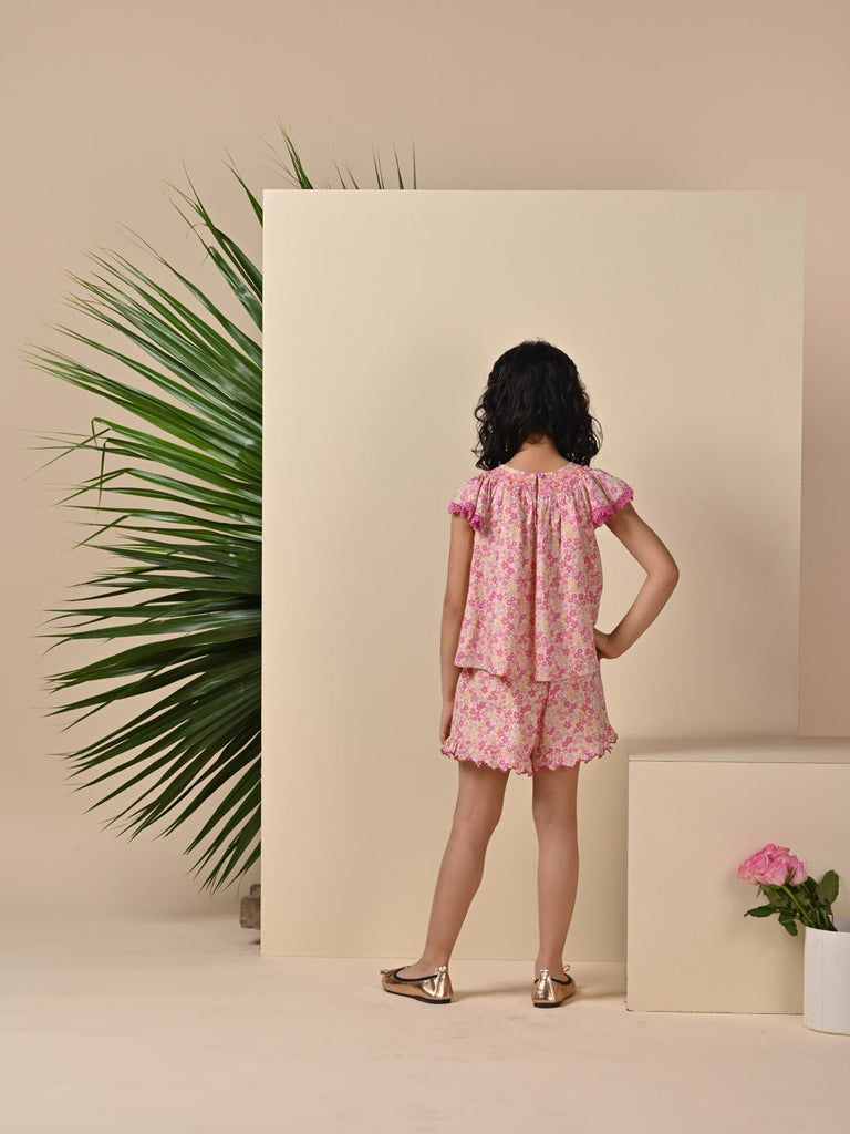 Printed Flower Embroidered Top With Shorts Co-Ord Set Set The Tribe Kids   