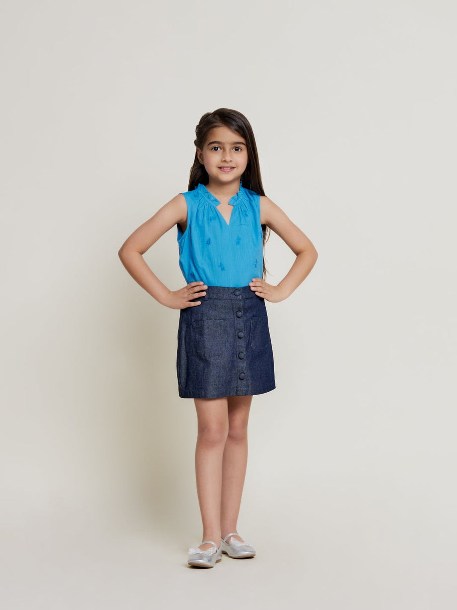 Remi Solid Denim Girls Cotton Skirt Blue Denim - Main Image