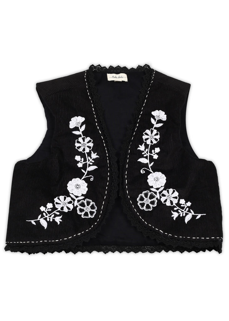 Rini Girls Solid Sleeveless Casual Cotton Embroidered Vest - Black Vest The Tribe Kids   