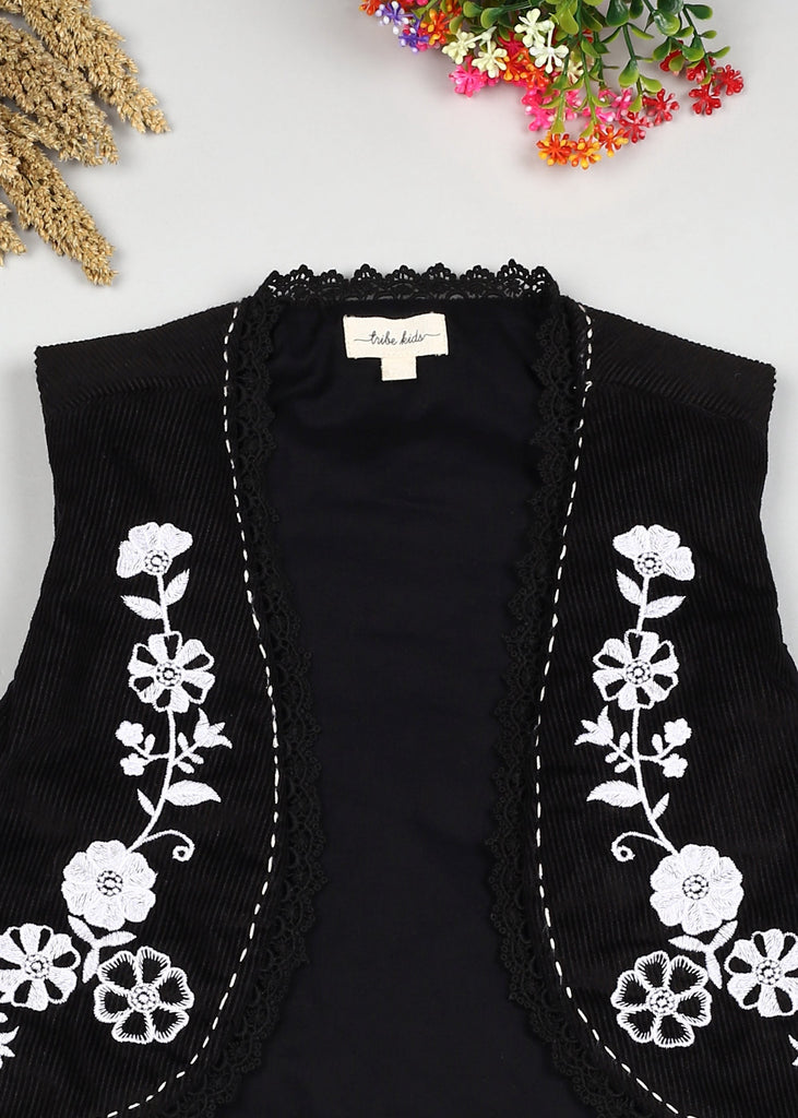 Rini Girls Solid Sleeveless Casual Cotton Embroidered Vest - Black Vest The Tribe Kids   